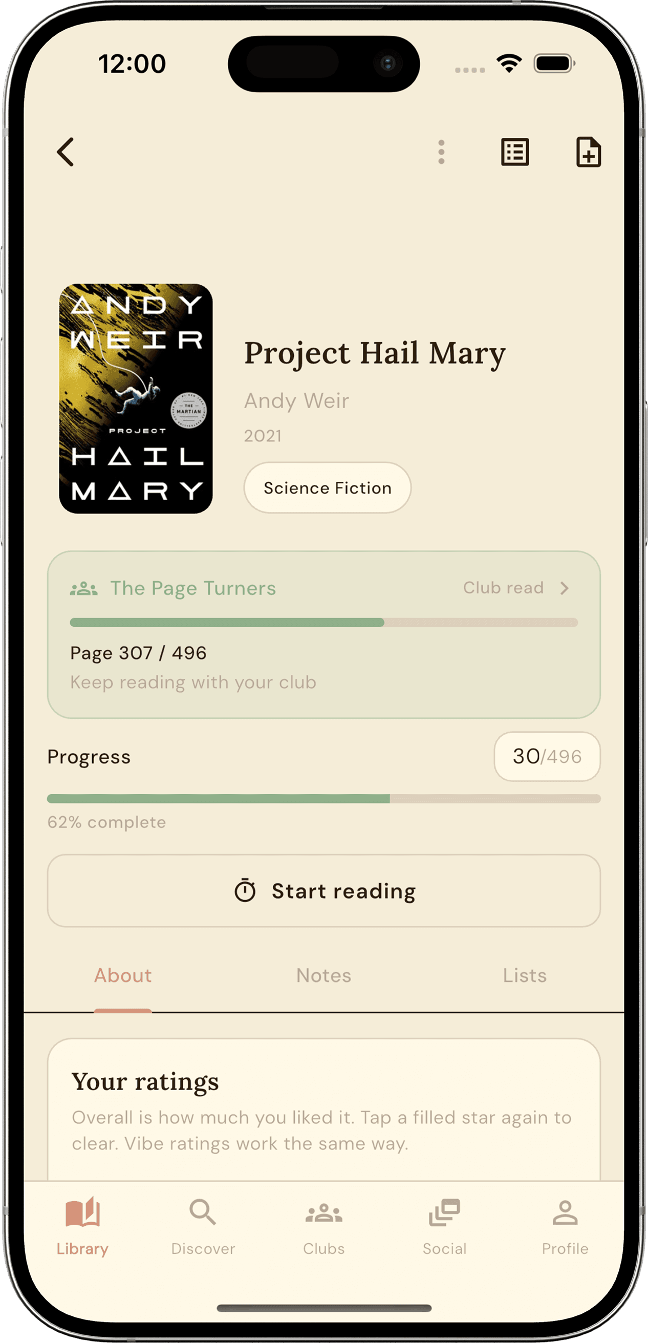 Quilld book detail screen showing reading progress, club progress, and ratings for a science fiction novel