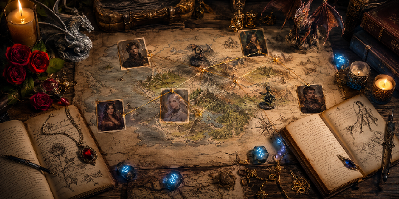 Fantasy map with character portraits and glowing runes, inspired by the best romantasy books to read on your list.