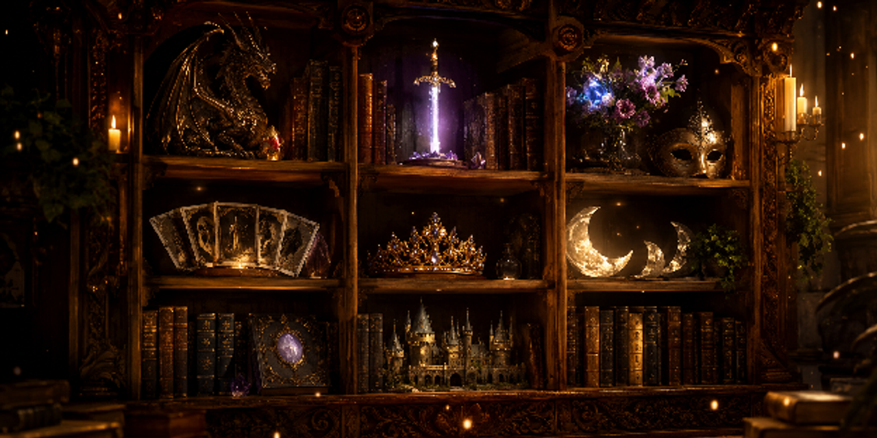 A magical wooden bookshelf filled with glowing artifacts, a crown, and the best books to read for romantasy fans.