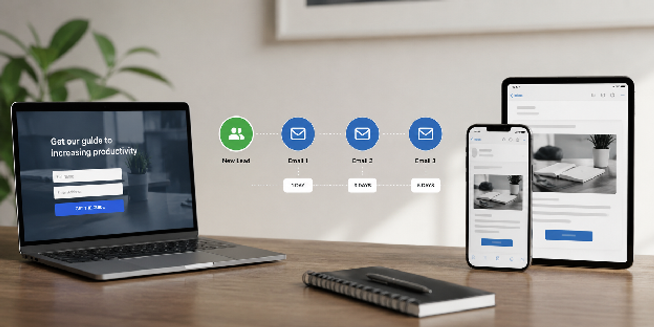 Lead form triggering automated emails across devices, supporting business growth through workflow automation