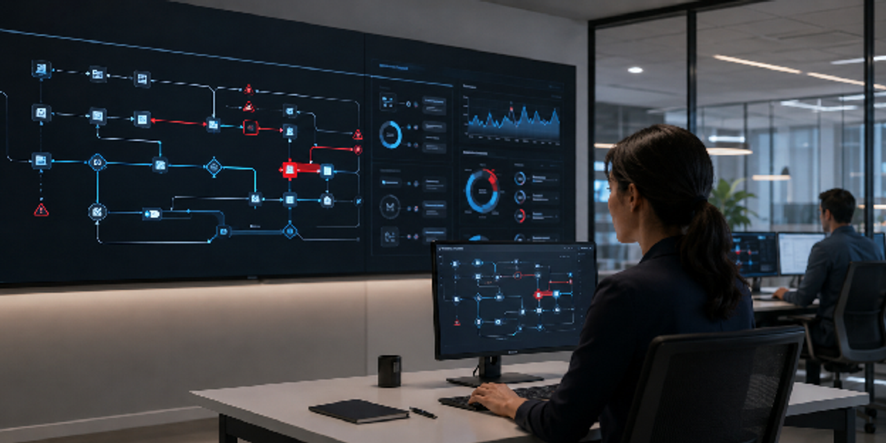AI office screens automating workflow to support business growth with predictive bottleneck alerts