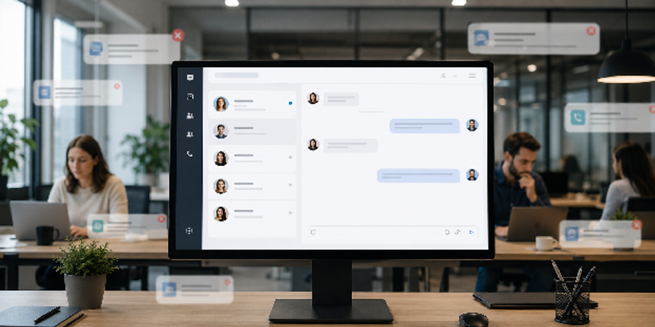 Central dashboard on a large monitor, message threads, apps to increase productivity, fading notifications, office team working
