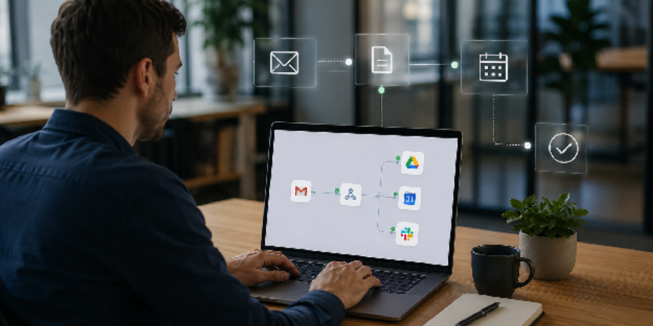 A modern office worker uses a laptop to set up automated workflows that connect emails, files, and calendars.