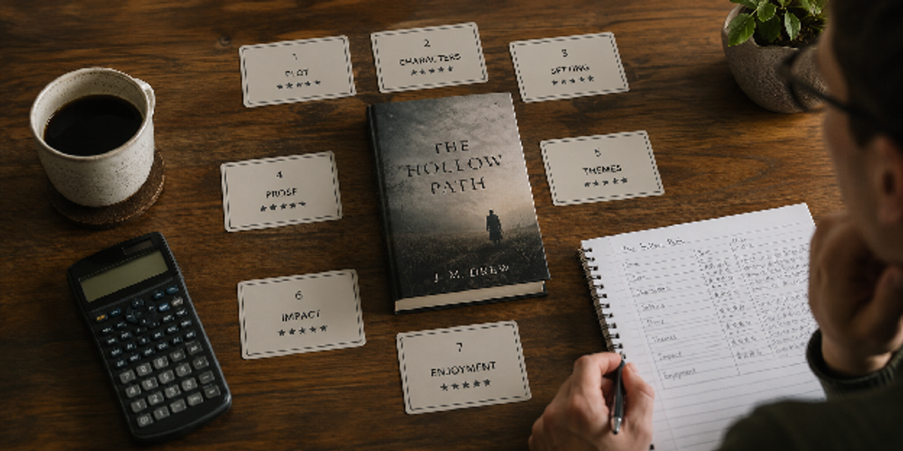 Overhead view showing how a reader uses evaluation cards and a notebook to rate novel books on plot and theme.