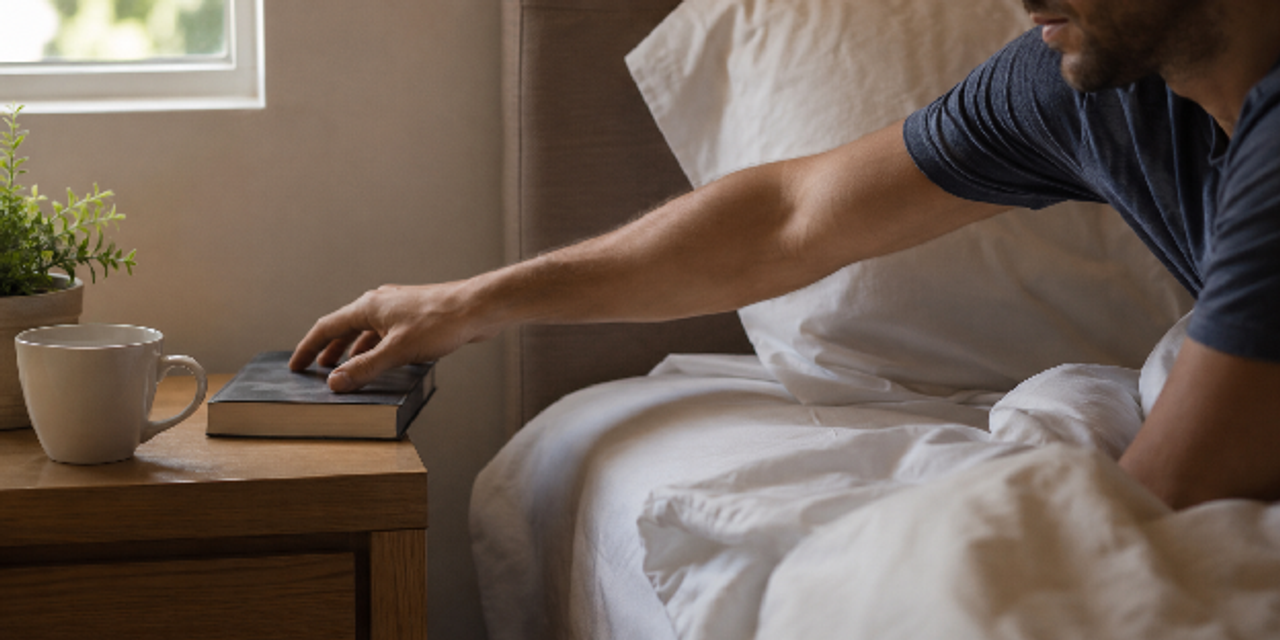 A man reaching from bed to grab a book on his nightstand, learning how to build a routine to read every single day.