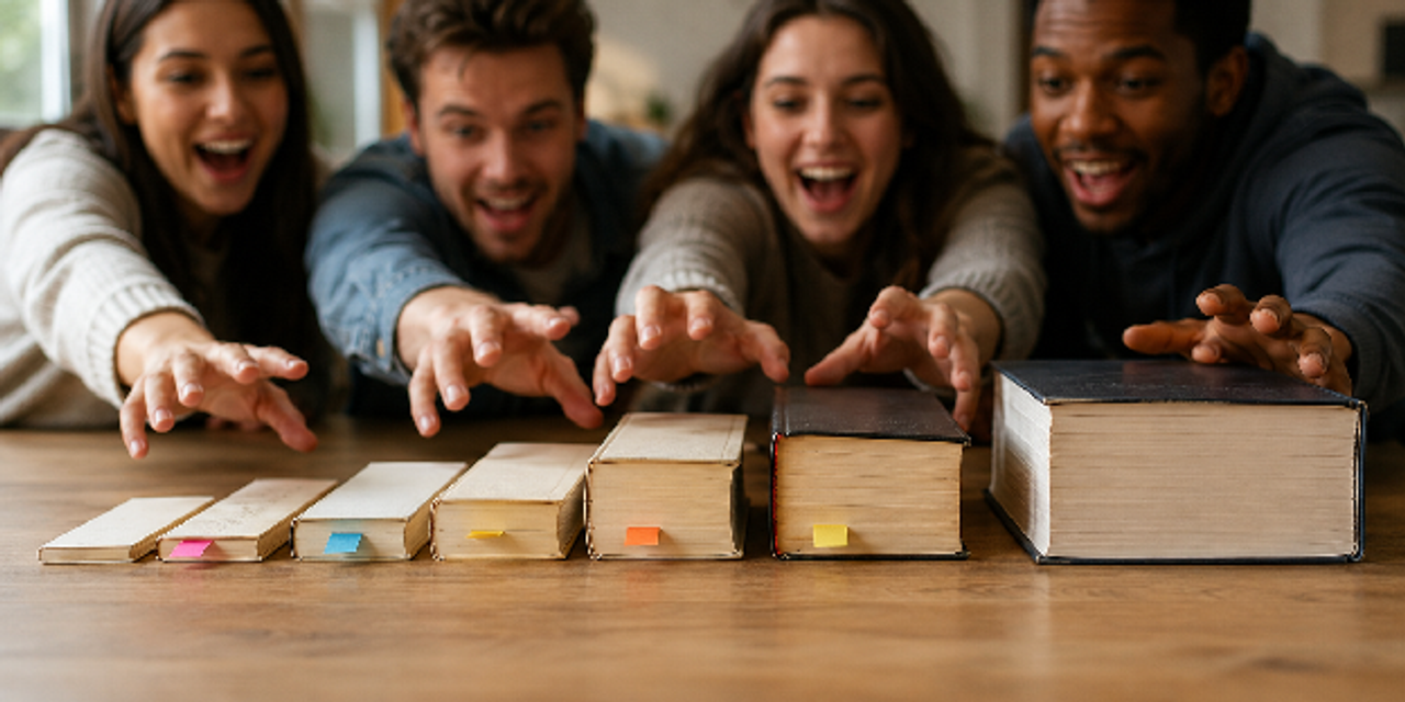 Four excited friends reaching out to grab different-sized books on a table, showcasing how to start your own book club.
