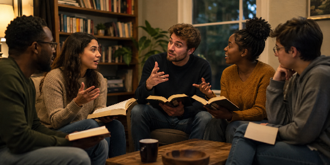 A diverse group sitting in a cozy living room, holding open books and discussing how to start their new club.