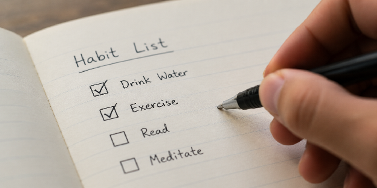 A hand checks off daily habits like exercise and drinking water in a notebook, demonstrating how to track goals in a routine.