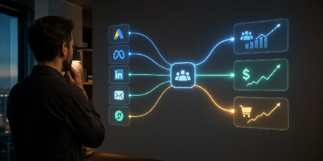 Startup founder views a marketing tech stack dashboard linking tools to leads, revenue, and conversions