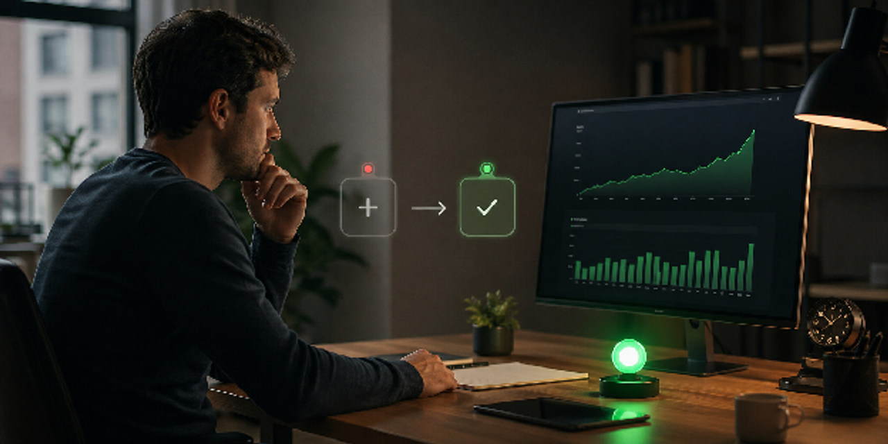 Founder evaluating tools, green light appears only with strong ROI charts, smart marketing tech stack for early startups