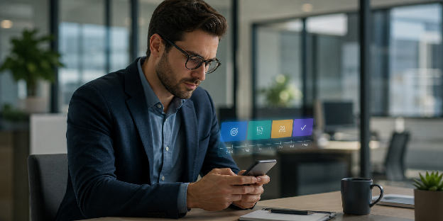A busy professional using a phone in short bursts with floating time blocks, showing a mobile workflow
