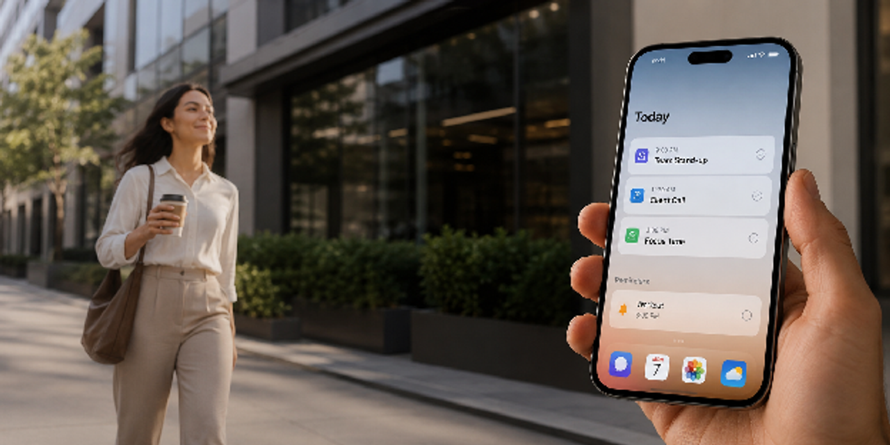 Smartphone with automated reminders and synced apps to organize your life while a person moves calmly