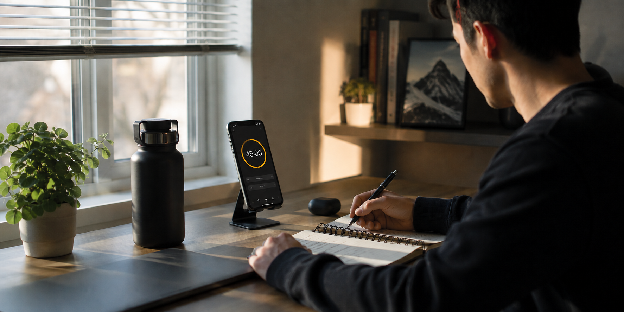 Person using phone set for focused deep work, starting timer and single-task focus mode in morning routine