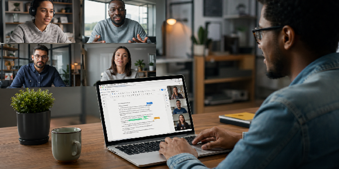 Hybrid team using smartphones and video calls, real-time synced edits demonstrating productivity benefits of mobile devices.