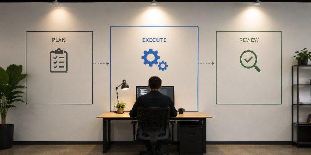 Workflow diagram plan execute review; focused worker in exec zone for strategies for high-performing chronic procrastinators